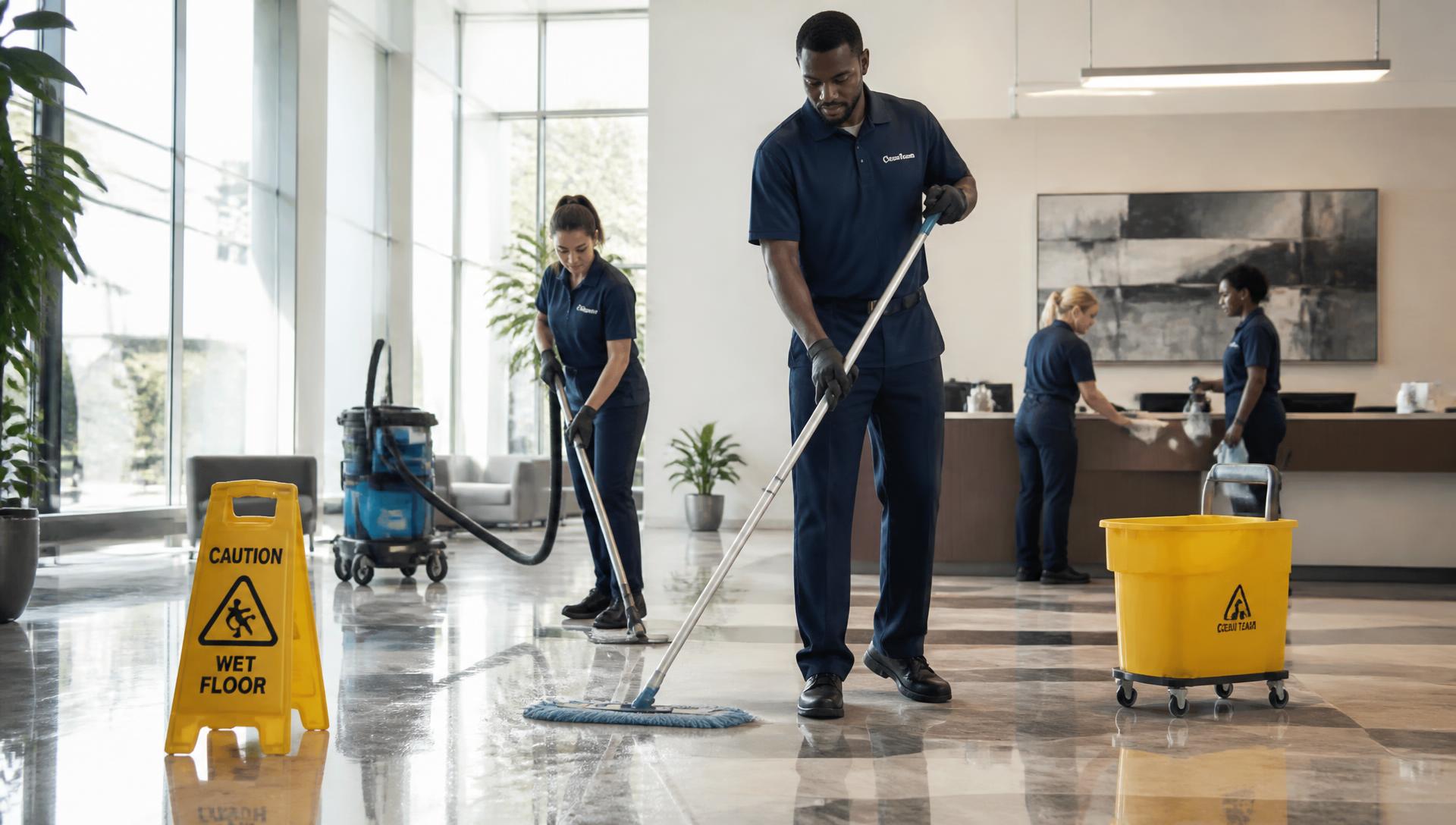 American Standard Cleaning Co. crew servicing a modern office lobby in New York